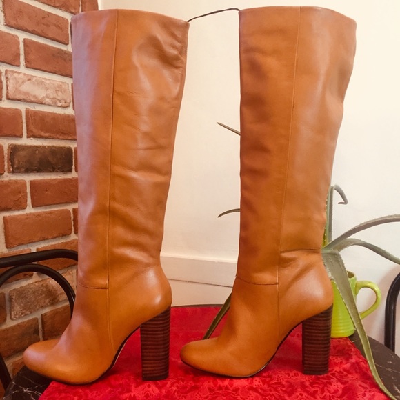 Joe Fresh Tan Brown Leather Stovepipe Heeled Boot - Picture 2 of 8